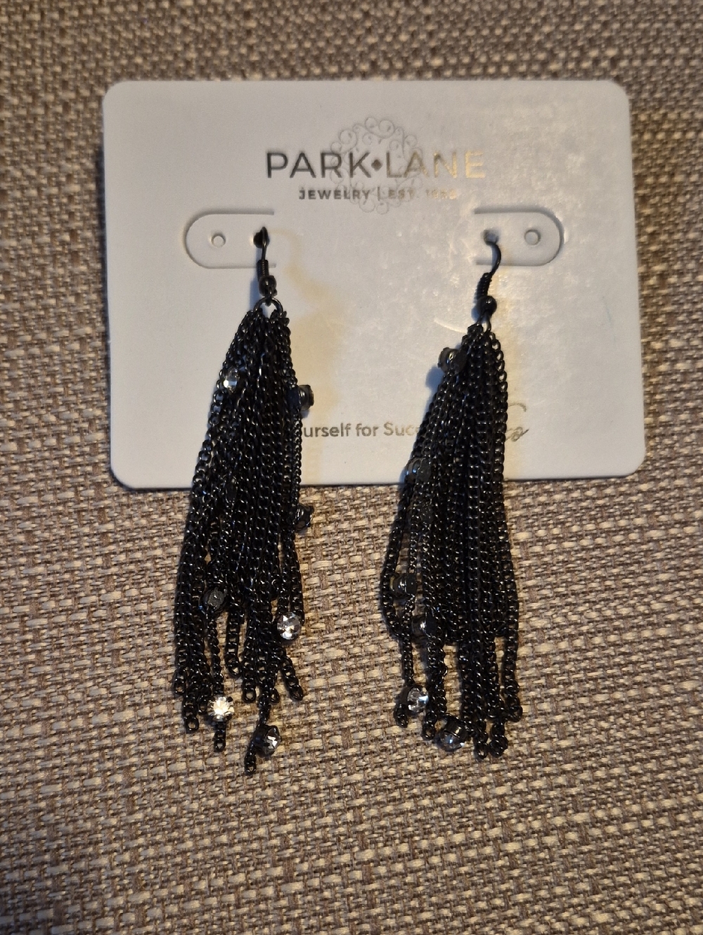 Park Lane Black Tassel Chain Drop Earrings with Clear Stones